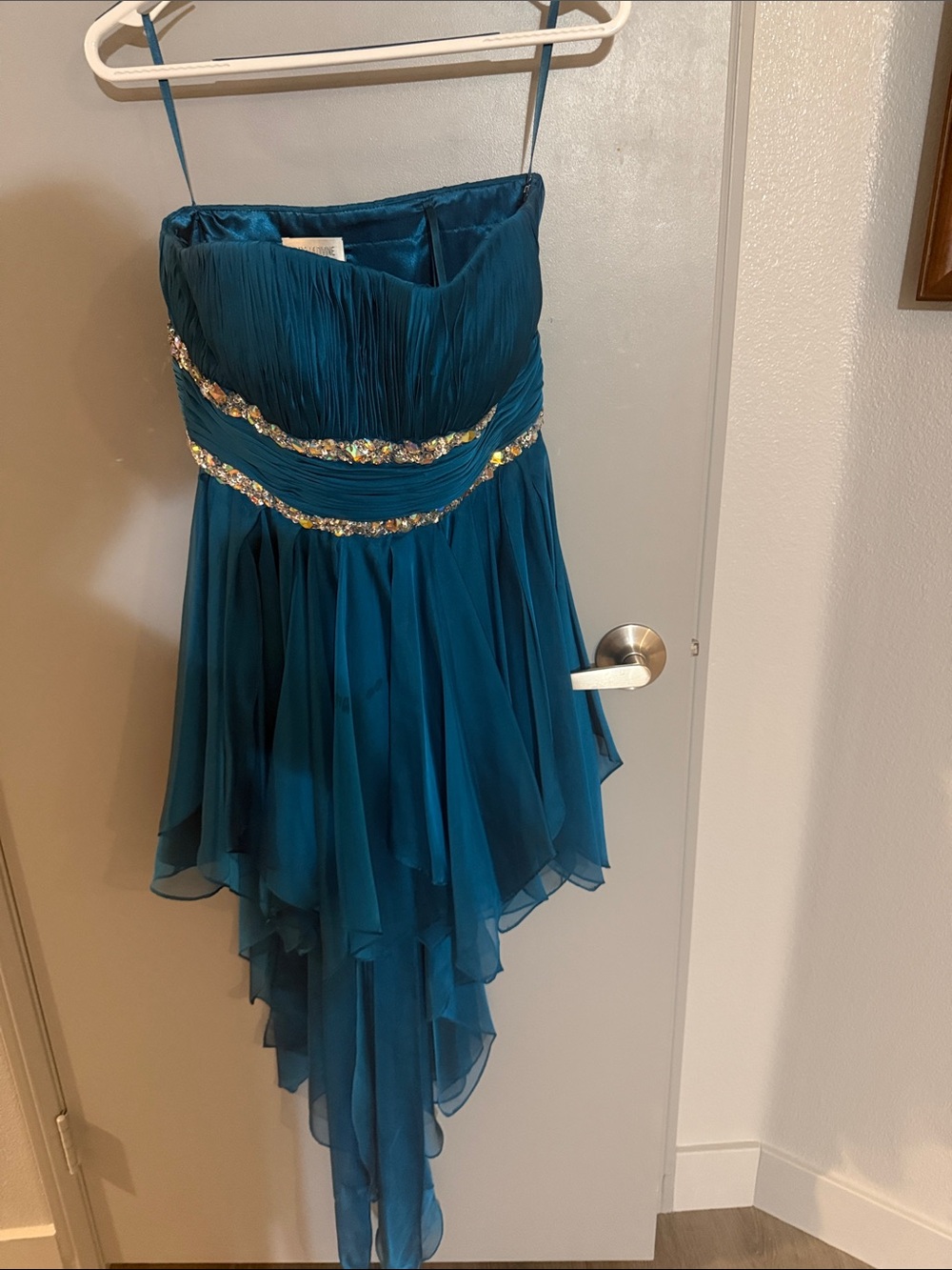 Cinderella Divine Teal High-Low Chiffon Dress with Beaded Waist